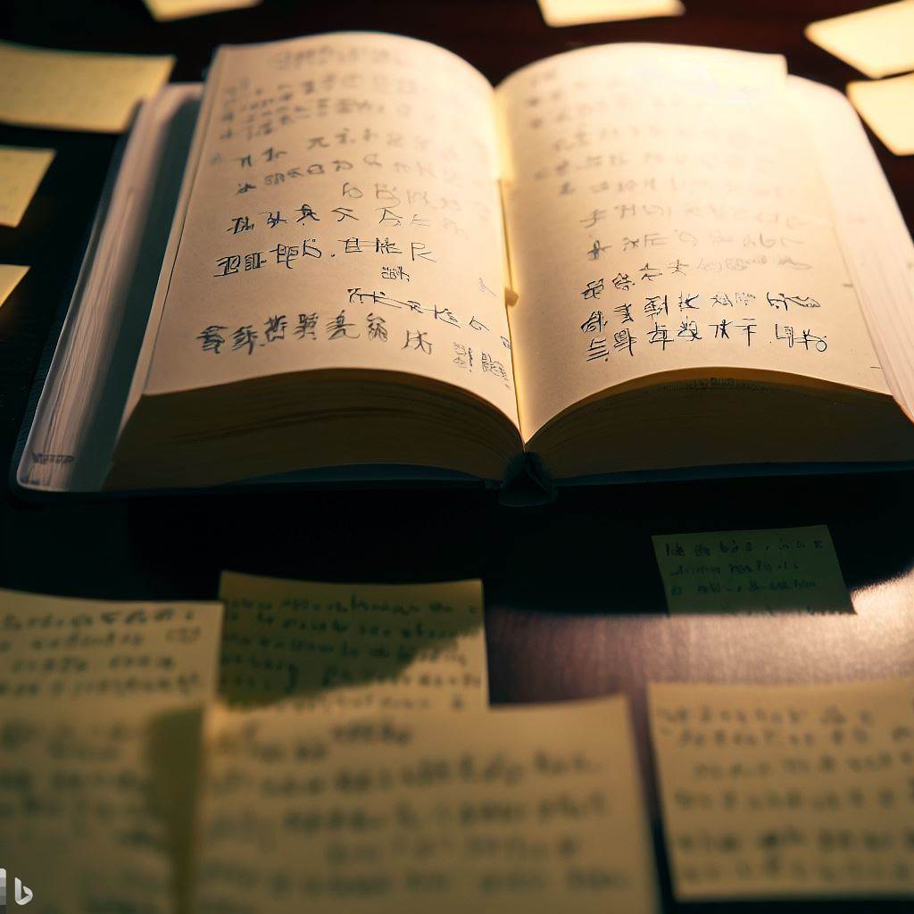 生成自 Bing 的图像创建者，输入的内容是 The open notebook is on the table. On the notebook is the draft of the book, surrounded by post-it notes, and the text that appears is in Chinese.